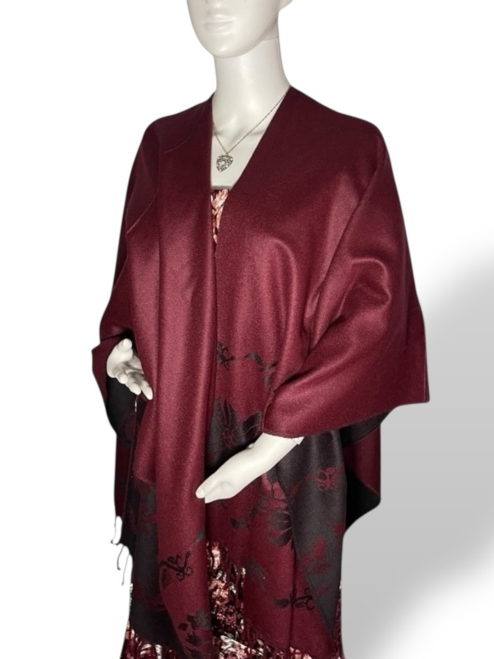 EUC! Reversible Burgundy Wine and plum Black Floral Accent Cape with Fringe - Picture 1 of 15
